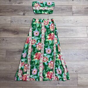 Timing Tropical Floral Two Piece Set Green‎ Matching Outfit Crop Top Maxi Skirt